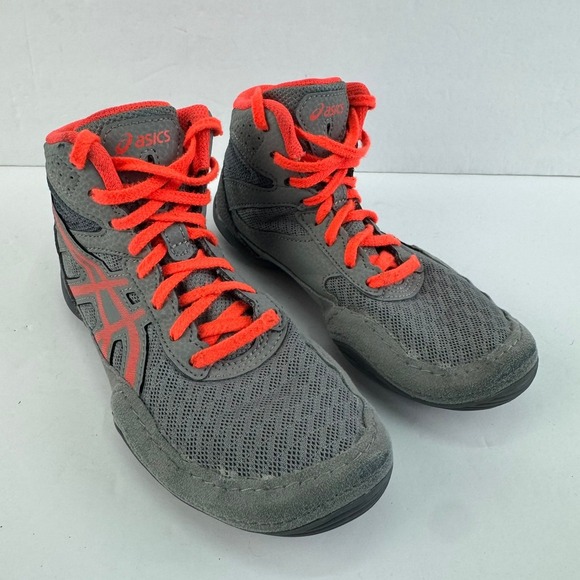 ASICS Kids Youth Size 1.5 Gray Red Wrestling Shoes Boots Lace Up Ankle Support - Picture 1 of 10